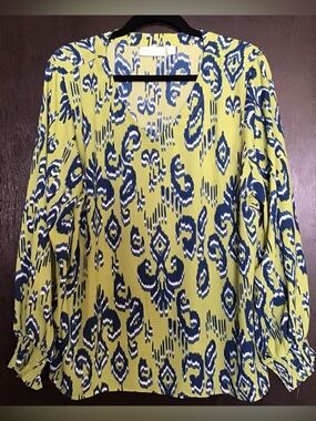 Belle by Kim Gravel Green and Navy Patterned Blouse